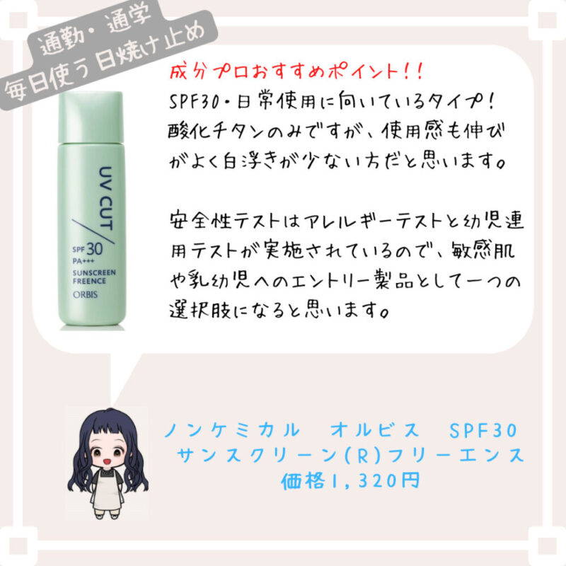 成分プロおすすめポイント！﻿！
SPF30・日常使用に向いているタイプ！　酸化チタンのみですが、使用感も伸びがよく白浮きが少ない方だと思います。

安全性テストはアレルギーテストと幼児連用テストが実施されているので、敏感肌や乳幼児へのエントリー製品として一つの選択肢になると思います。ノンケミカル　オルビス　SPF30　
サンスクリーン(R)フリーエンス
価格1,320円