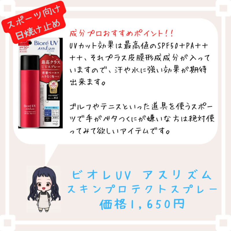 成分プロおすすめポイント！﻿！
UVカット効果は最高値のSPF50＋PA＋＋＋＋、それプラス皮膜形成成分が入っていますので、汗や水に強い効果が期待出来ます。

ゴルフやテニスといった道具を使うスポーツで手がベタつくにが嫌いな方は絶対使ってみて欲しいアイテムです。ビオレUV アスリズム
スキンプロテクトスプレー
価格1,650円