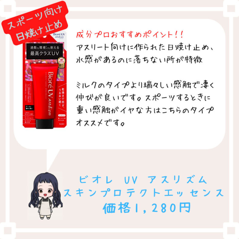 成分プロおすすめポイント！﻿！
アスリート向けに作られた日焼け止め、水感があるのに落ちない所が特徴

ミルクのタイプより瑞々しい感触で凄く伸びが良いです。スポーツするときに重い感触がイヤな方はこちらのタイプオススメです。ビオレ UV アスリズム 
スキンプロテクトエッセンス 
価格1,280円