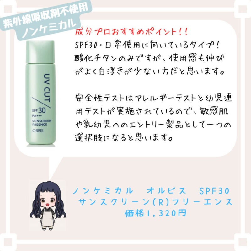 成分プロおすすめポイント！﻿！
SPF30・日常使用に向いているタイプ！　酸化チタンのみですが、使用感も伸びがよく白浮きが少ない方だと思います。

安全性テストはアレルギーテストと幼児連用テストが実施されているので、敏感肌や乳幼児へのエントリー製品として一つの選択肢になると思います。ノンケミカル　オルビス　SPF30　
サンスクリーン(R)フリーエンス
価格1,320円