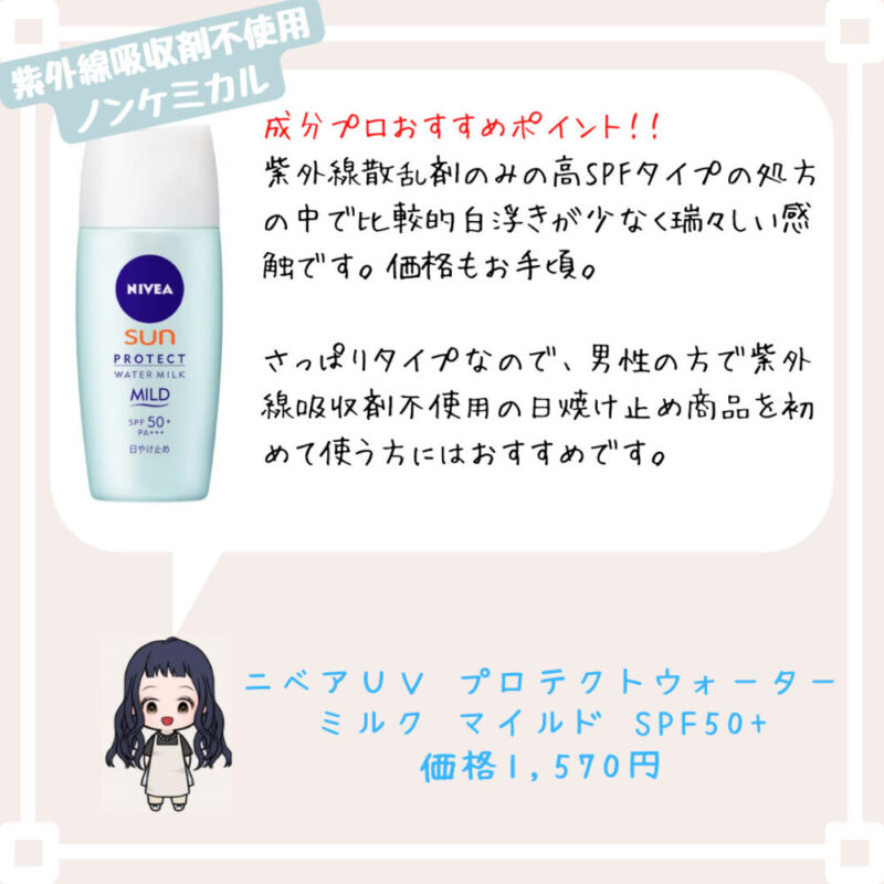 成分プロおすすめポイント！﻿！
紫外線散乱剤のみの高SPFタイプの処方の中で比較的白浮きが少なく瑞々しい感触です。価格もお手頃。

さっぱりタイプなので、男性の方で紫外線吸収剤不使用の日焼け止め商品を初めて使う方にはおすすめです。ニベアＵＶ プロテクトウォーター
ミルク マイルド SPF50+
価格1,570円